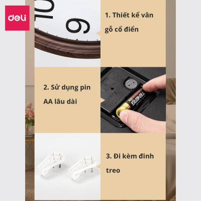 Đồng hồ treo tường vân gỗ cao cấp Deli - Kèm móc treo - Decor trang trí nhà cửa và quán cafe - 8842 
