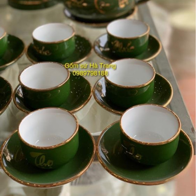 Bộ ấm chén Phúc Lộc Thọ dáng chóp men lục bảo vẽ vàng Gốm sứ Bát Tràng cao cấp