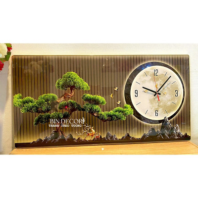 (ẢNH THẬT) Tranh đồng hồ tráng gương cây tùng tranh phòng khách quà tặng tân gia kèm đinh