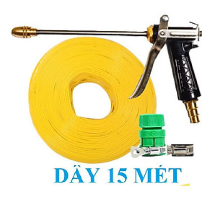 Bộ dây vòi xịt nước rửa xe, tưới cây . tăng áp 3 lần, loại 15m 206236 đầu đồng,đai,nối vàng+ tặng mở chai