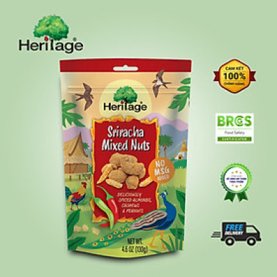 Hạt hỗn hợp khô tẩm tương ớt Sriracha sản phẩm chính hãng Heritage , vị cay nhẹ hài hòa , kích thích vị giác