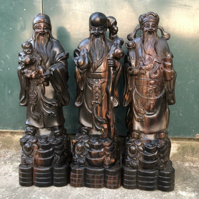 Bộ tượng phật tam đa phúc lộc thọ bằng gỗ mun hoa kt cao 50×15×13cm