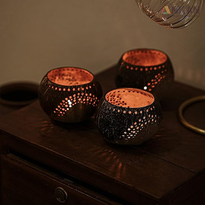 Đèn Gáo Dừa Đựng Nến Tealight Handmade Đèn Decor Tự Nhiên Trang Trí Spa Cafe Homestay