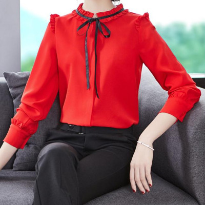 Sơ mi nữ công sở màu đỏ dài tay phối nơ  Sm46