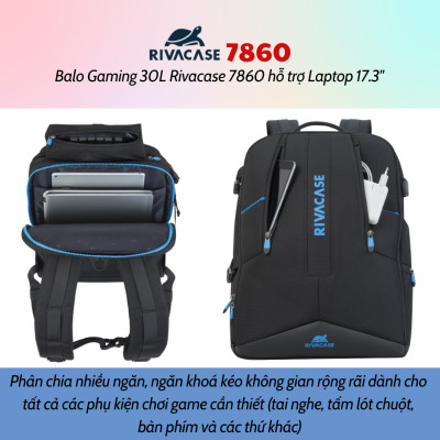 Balo Gaming 30L Rivacase 7860 Hỗ Trợ Laptop 17.3" - Bảo Hành 24 Tháng - Hàng Chính Hãng