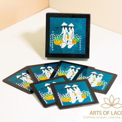 Bộ Lót ly Sơn Mài cao cấp - Áo dài xanh dương - Arts Of Lacquer