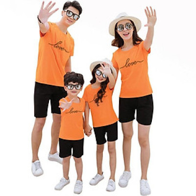 Đồ gia đình quần đen áo cam in họa tiết Love nhẹ nhàng nhưng đầy lãng mạn ( giá 1 bộ gồm 1 quần + 1 áo)