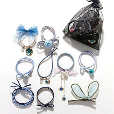 Sét 9 dây buộc tóc và kẹp xinh xắn, có kèm túi lưới phong cách Hàn Quốc, giao màu ngẫu nhiên