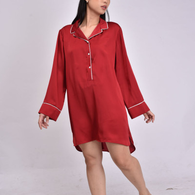 Áo ngủ lụa Pijama Pink Stull đỏ đô viền trắng