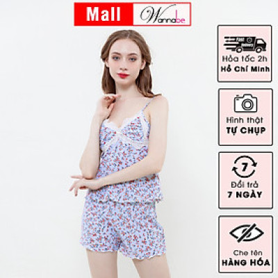 Đồ bộ mặc nhà WANNABE BSS93 đồ bộ quần sọt mặc với áo ngủ 2 dây nhúng phồng cúp ngực phối ren lượn sóng tạo sự đầy đặn
