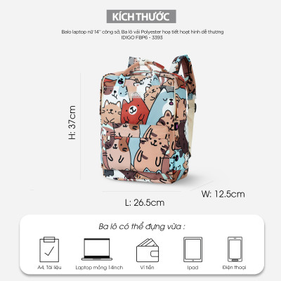 Balo đựng laptop 14 inch, ba lô sinh viên đựng máy tính vải polyester hoạt hình dễ thương IDIGO FBP6 - 3393