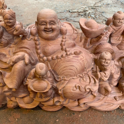 Tượng phật di lặc ngũ phúc bằng gỗ hương đá liền khối kt 60×30×30cm