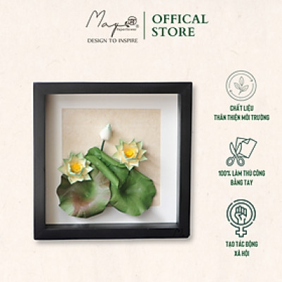 Tranh Hoa Giấy Handmade Trang Trí - Hoa Sen Kết Hợp Giấy Dó MAYPAPERFLOWER Khung Tranh Gỗ Size 25x25cm