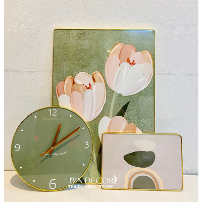 (CÓ ẢNH THẬT) Tranh đồng hồ tráng gương hoa tulip bộ 3 tranh bo viền kèm đinh và pin