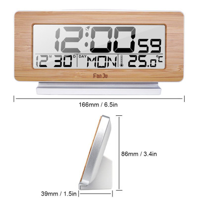 Đồng hồ kỹ thuật số FanJu có chức năng hiển thị nhiệt độ, mặt gỗ thời trang, đèn nền màn hình LCD với phông chữ lớn dễ đọc
