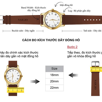Dây Đồng Hồ Da Bò Thật 100%, Kiếu Cổ Điển, Cao Cấp - Sang Trọng, Mặt Lót Chống Thấm Mồ Hôi, Tích Hợp Lớp Gia Cố Chống Giãn Đặc Biệt, Phụ Kiện Khóa và Chốt Bằng Thép Không Gỉ 316L, Nhiều Màu, Nhiều Size - Hàng Chính Hãng SAIGIO