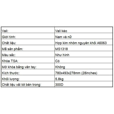 Vali hợp kim nhôm nguyên khối MS1318 Macsim cao cấp màu đen , màu bạc,màu ti-gold cỡ 28inches