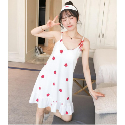 Váy đầm ngủ 2 dây mặc nhà họa tiết hình dâu cute, vải mềm mịn có nệm ngực Vn21
