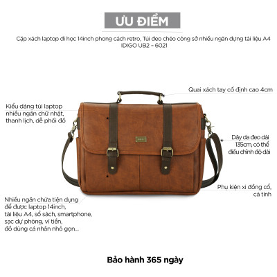 Cặp da đựng laptop đi học 14 inch IDIGO UB2 - 6021, túi xách công sở nam nữ nhiều ngăn đựng tài liệu A4