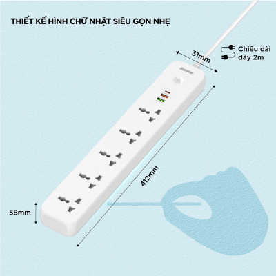 Ổ điện đa năng Energizer thông minh, WiFi Smart Power Strip chịu tải 2500W, sạc nhanh USB-C 38W - Hàng chính hãng