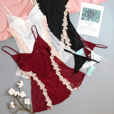 Váy ngủ lụa hai dây ren hông xẻ trước hở lưng quyến rũ Q84 - Đầm ngủ nữ sexy - Đồ ngủ mạc nhà