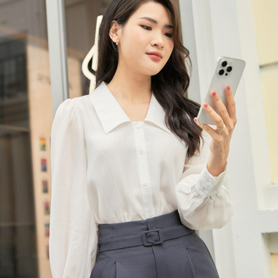 Valen Shirt - Áo sơ mi tơ vai nhún bồng nhẹ thiết kế cao cấp WHITE CHIC