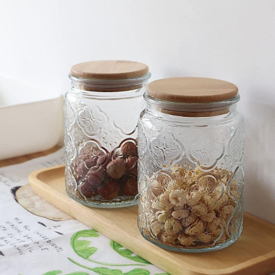 Lọ thủy tinh hoa văn Vintage nắp gỗ