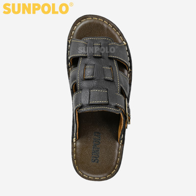 Dép nam quai ngang da bò cao cấp SUNPOLO AQN001 phiên bản đen