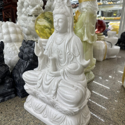 Tượng Phật Bà Quan Thế Âm Bồ Tát ngồi đài sen cầu bình an đá cẩm thạch trắng - Cao 50 cm