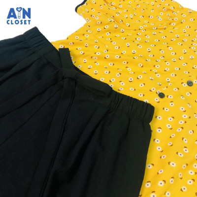 Bộ quần dài áo tay ngắn cho mẹ họa tiết hoa Chấm bi trắng nền vàng linen - AICDME1PJOWA - AIN Closet