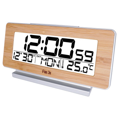 Đồng hồ kỹ thuật số FanJu có chức năng hiển thị nhiệt độ, mặt gỗ thời trang, đèn nền màn hình LCD với phông chữ lớn dễ đọc