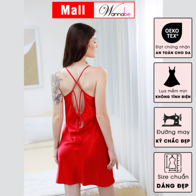 Đầm ngủ phi lụa cao cấp WANNABE DNS61 váy ngủ 2 dây lưng cut-out cột nơ tạo hình thoi bắt mắt khoe lưng trần gợi cảm