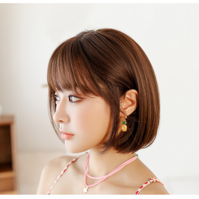 Tóc giả nữ nguyên đầu hàn quốc, kiểu ngắn, mái thưa tặng kèm lưới trùm tóc, giống hình 90%, tóc tơ nhân tạo chịu nhiệt