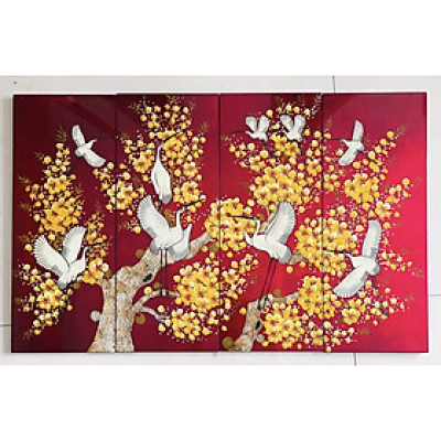 Bộ Tranh sơn mài 4 tấm - HOA ĐÀO & ĐÀN HẠC TIÊN - Size 50x80 cm / 60x120 cm - Ý nghĩa Phong Thủy