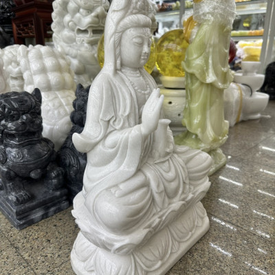 Tượng Phật Bà Quan Thế Âm Bồ Tát ngồi đài sen cầu bình an đá cẩm thạch trắng - Cao 50 cm