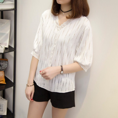 Áo sơ mi nữ công sở cổ V thanh lịch, họa tiết trơn phối viền ren siêu xinh, phong cách Hàn Quốc HB185