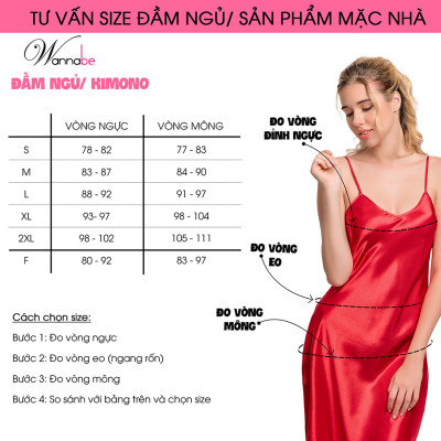 Đồ ngủ nữ WANNABE đầm ngủ DNS73 váy ngủ lụa bản vai viền nhúng nhẹ ren xinh xắn tạo sự đầy đặn cho vòng