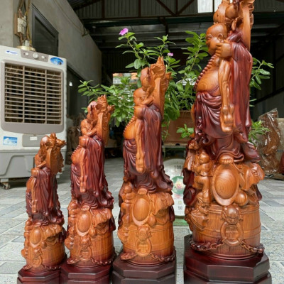 Tượng phật di lặc ngũ phúc bằng gỗ hương đá làm mầu giả cổ kt 40×15×11cm