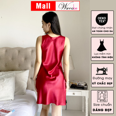 Đầm ngủ phi lụa cao cấp WANNABE DNS68 váy ngủ bản vai 4cm cổ tim phối ren đơn giản trang nhã