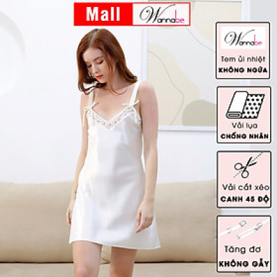 Đầm ngủ WANNABE DNS54 váy ngủ lụa cổ tim phối ren khoe núi đôi căng tròn, bản vai 2cm đính nơ nữ tính