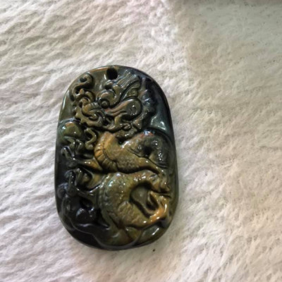 Mặt DÂY CHUYỀN RỒNG LƯỢN NGẬM CHÂU ĐÁ MẮT HỔ ĐEN XANH ÁNH VÀNG NHẸ TỰ NHIÊN  SIZE DÀI 44MM X NGANG 29MM X DẦY 8MM  NAM MỆNH THỦY MỆNH MỘC