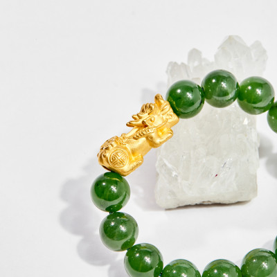 Vòng tay phong thủy đá ngọc bích charm tỳ hưu vàng 24k 10mm mênh hỏa , mộc - Ngọc Quý Gemstones