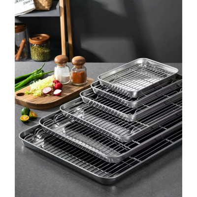 Khay Nướng Inox 304 Dày Dặn Kèm Vỉ Hấp Hình Chữ Nhật Dùng Nướng Bánh, Thực Phẩm - HÀNG CHÍNH HÃNG MINIIN