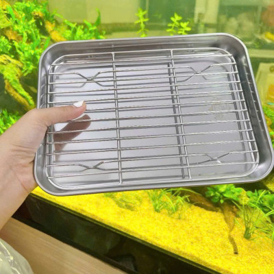 Khay Nướng Inox 304 Dày Dặn Kèm Vỉ Hấp Hình Chữ Nhật Dùng Nướng Bánh, Thực Phẩm - HÀNG CHÍNH HÃNG MINIIN