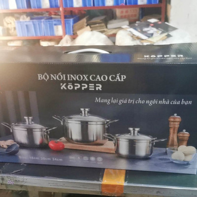 Bộ Nồi Inox 304 Cao Cấp 5 Đáy KOPPER - 3 Món Kích Thước 18 - 20 - 24 cm.