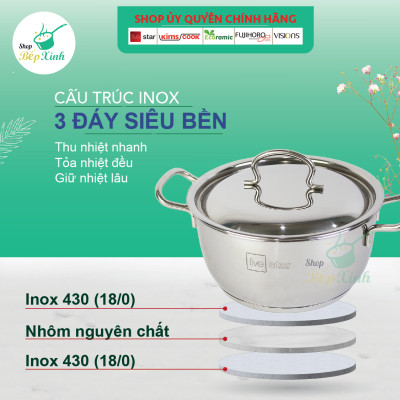 Bộ nồi inox FIVESTAR 5 chiếc 3 đáy bếp từ nắp inox ( tặng 2 vá canh )