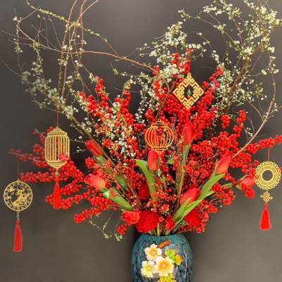 Bộ 5 dây treo VÒNG ĐẠI CÁT nhũ vàng gỗ khắc CNC trang trí Tết, treo mai đào lan.