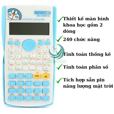 [CHỌN MẪU]- Máy tính học sinh gồm 240 chức năng, tích hợp sẵn pin họa tiết hoạt hình Doremon và Kitty