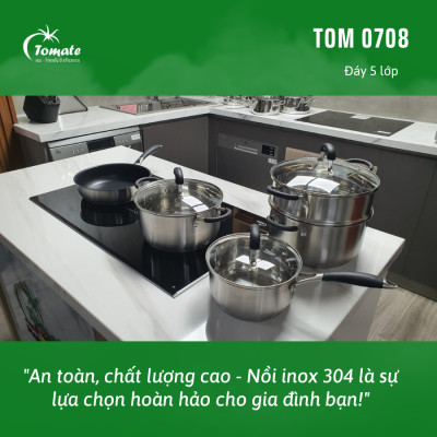Bộ Nồi Chảo Tomate Inox 304 – 8 Món TOM 0708 - 5 lớp đáy - nồi từ - nắp kính
