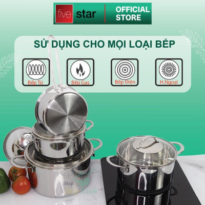 Bộ nồi 3 lớp đáy liền inox 304 Fivestar Plus quai oval nắp kính (1quánh16cm x 1nồi 18cm x 1nồi 20cm x 1nồi 24cm)